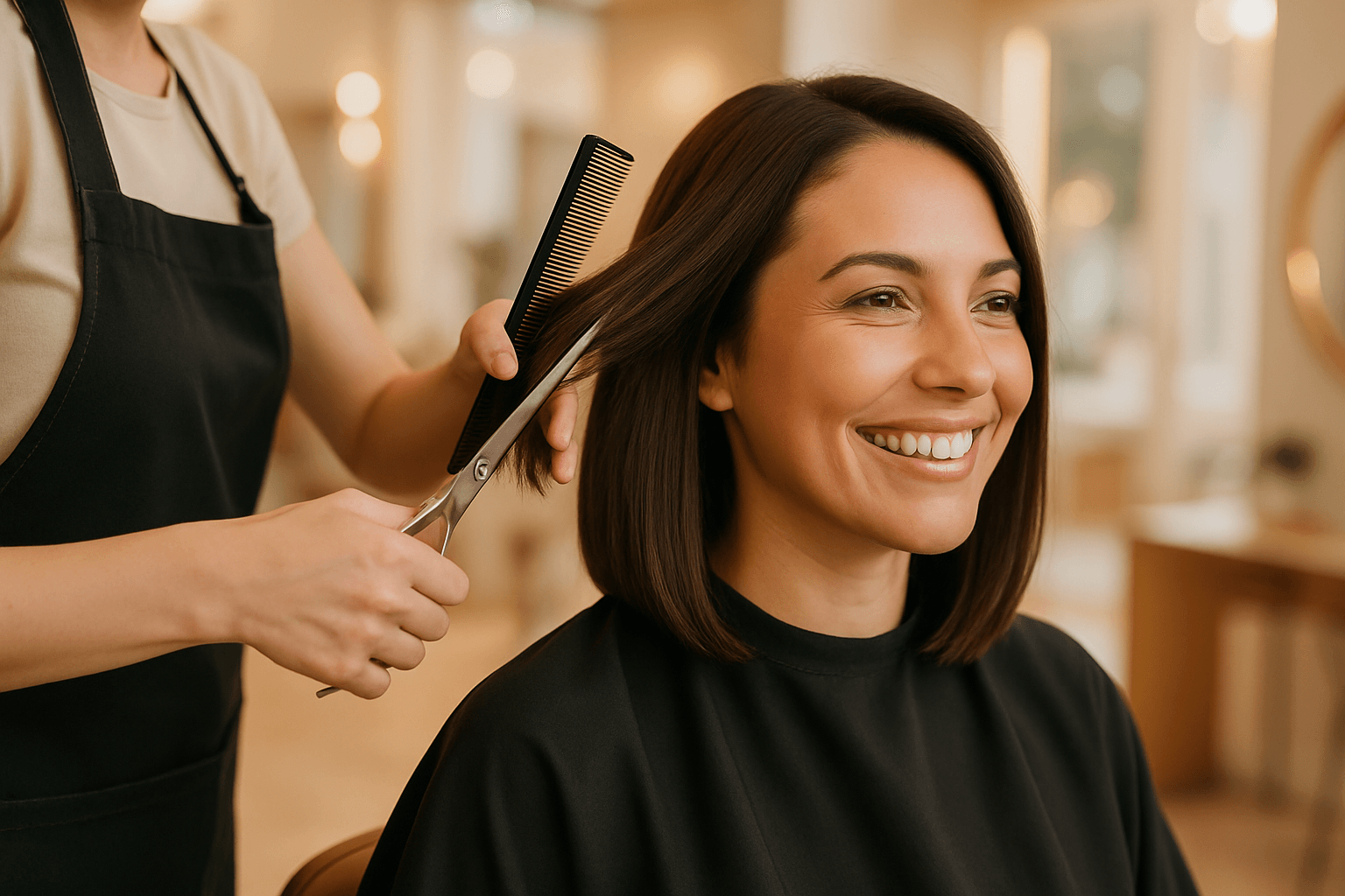 Cliente feliz recibiendo corte de cabello profesional en Bella Studio, Bayamón
