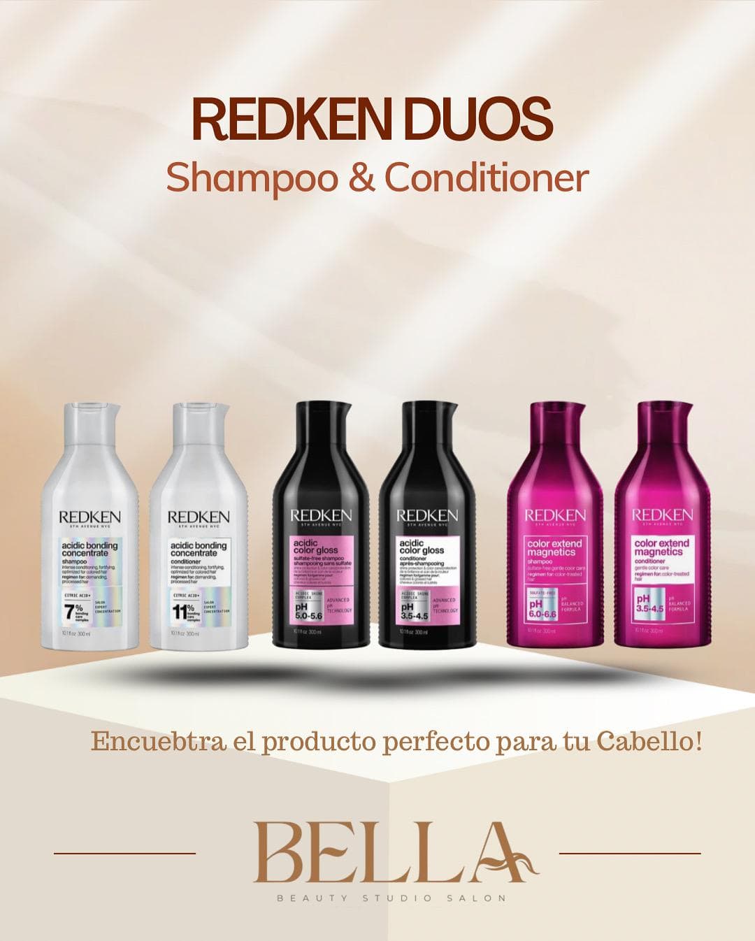 Productos Redken disponibles en Bella Studio para el cuidado del cabello
